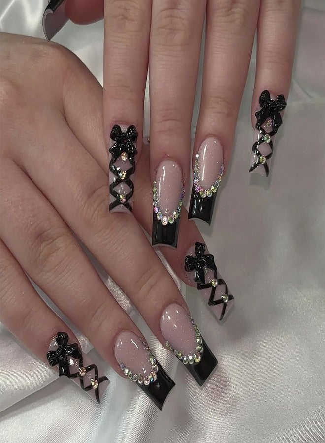 BSBTBZ Black French Tip Press on Nails Medium Long Rhinestone Bow Diamond French Nails Square Bling Glossy 3D Bow False Nail Tips Artificial Nails Finger Manicure for Women and Girls 24pcs - Image 1